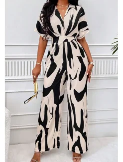 Women's Normal Jumpsuit Elegant Color Block Short Sleeve Butterfly Sleeve V Neck Print Work Daily Regular Fit White Orange Brown Summer