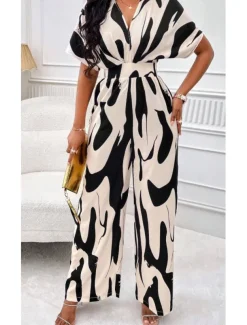 Women's Normal Jumpsuit Elegant Color Block Short Sleeve Butterfly Sleeve V Neck Print Work Daily Regular Fit White Orange Brown Summer