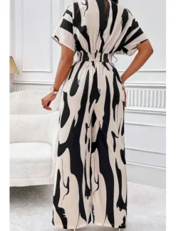 Women's Normal Jumpsuit Elegant Color Block Short Sleeve Butterfly Sleeve V Neck Print Work Daily Regular Fit White Orange Brown Summer