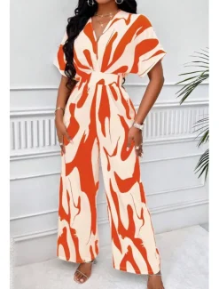 Women's Normal Jumpsuit Elegant Color Block Short Sleeve Butterfly Sleeve V Neck Print Work Daily Regular Fit White Orange Brown Summer