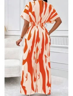 Women's Normal Jumpsuit Elegant Color Block Short Sleeve Butterfly Sleeve V Neck Print Work Daily Regular Fit White Orange Brown Summer