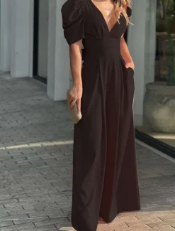 Women's Normal Jumpsuit Elegant Solid Color Short Sleeve V Neck Backless Pocket Street Daily Regular Fit Black Yellow Light Green Summer