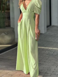 Women's Normal Jumpsuit Elegant Solid Color Short Sleeve V Neck Backless Pocket Street Daily Regular Fit Black Yellow Light Green Summer