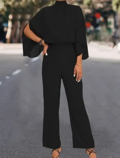 Women's Normal Jumpsuit Elegant Solid Color 3/4 Length Sleeve Stand Collar High Waist Wedding Vacation Regular Fit Black Green Fall