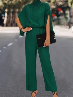 Women's Normal Jumpsuit Elegant Solid Color 3/4 Length Sleeve Stand Collar High Waist Wedding Vacation Regular Fit Black Green Fall