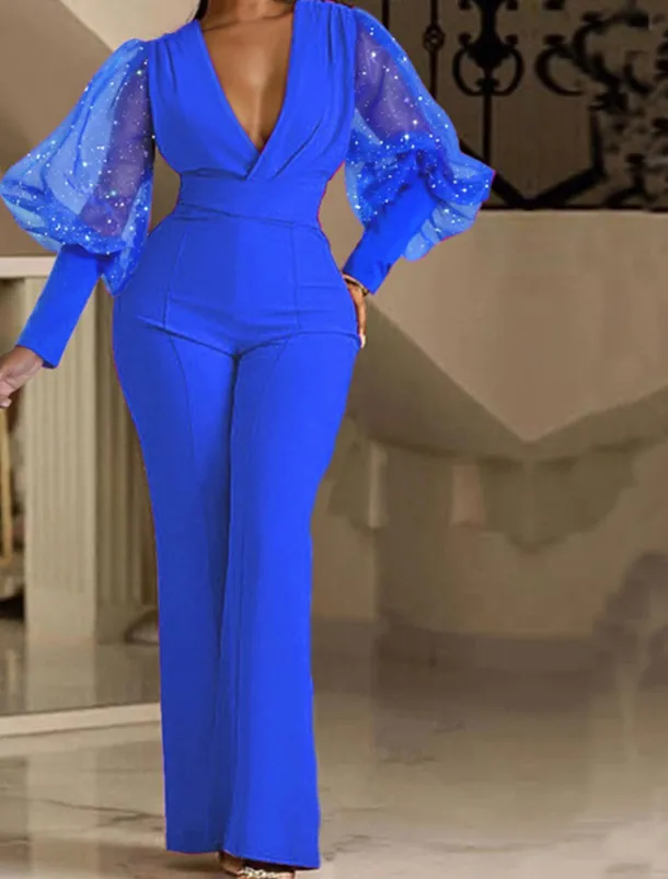 Women's Normal Jumpsuit Elegant Solid Color Long Sleeve V Neck High Waist Wedding Party Regular Fit Blue Fuchsia Green Spring