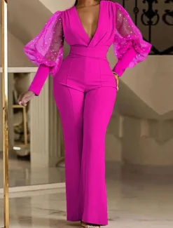 Women's Normal Jumpsuit Elegant Solid Color Long Sleeve V Neck High Waist Wedding Party Regular Fit Blue Fuchsia Green Spring