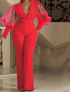 Women's Normal Jumpsuit Elegant Solid Color Long Sleeve V Neck High Waist Wedding Party Regular Fit Blue Fuchsia Green Spring