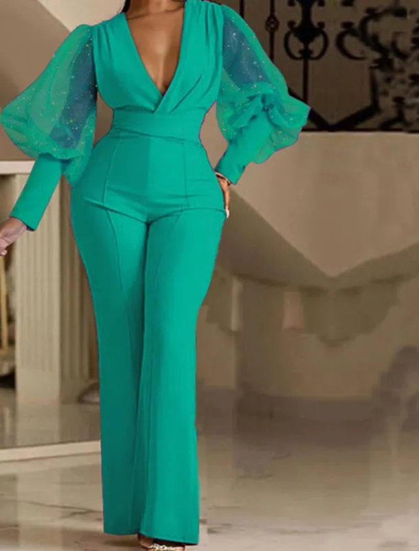 Women's Normal Jumpsuit Elegant Solid Color Long Sleeve V Neck High Waist Wedding Party Regular Fit Blue Fuchsia Green Spring