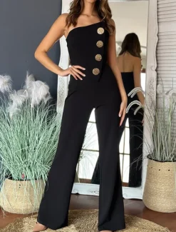 Women's Normal Jumpsuit Elegant Solid Color Sleeveless Wide Leg Strapless Buttons Daily Regular Fit Black White Red Summer