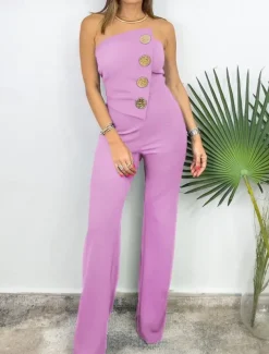 Women's Normal Jumpsuit Elegant Solid Color Sleeveless Wide Leg Strapless Buttons Daily Regular Fit Black White Red Summer