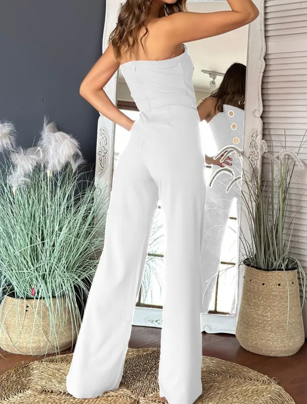 Women's Normal Jumpsuit Elegant Solid Color Sleeveless Wide Leg Strapless Buttons Daily Regular Fit Black White Red Summer