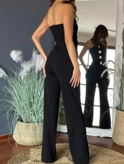 Women's Normal Jumpsuit Elegant Solid Color Sleeveless Wide Leg Strapless Buttons Daily Regular Fit Black White Red Summer