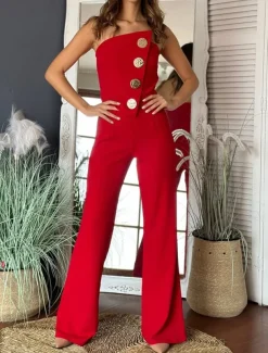 Women's Normal Jumpsuit Elegant Solid Color Sleeveless Wide Leg Strapless Buttons Daily Regular Fit Black White Red Summer