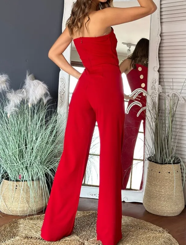 Women's Normal Jumpsuit Elegant Solid Color Sleeveless Wide Leg Strapless Buttons Daily Regular Fit Black White Red Summer