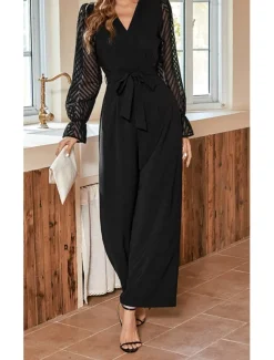 Women's Normal Jumpsuit Elegant Solid Color Long Sleeve Wide Leg V Neck Mesh Patchwork Office Work Slim Black Fall