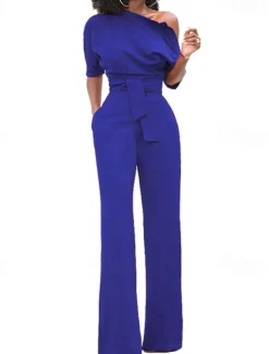 Women's Normal Jumpsuit Elegant Solid Color Half Sleeve One Shoulder Pocket High Waist Wedding Party Regular Fit Black White Yellow Fall
