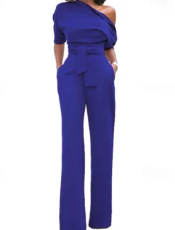 Women's Normal Jumpsuit Elegant Solid Color Half Sleeve One Shoulder Pocket High Waist Wedding Party Regular Fit Black White Yellow Fall