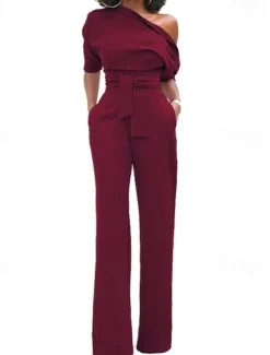 Women's Normal Jumpsuit Elegant Solid Color Half Sleeve One Shoulder Pocket High Waist Wedding Party Regular Fit Black White Yellow Fall