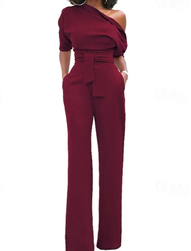 Women's Normal Jumpsuit Elegant Solid Color Half Sleeve One Shoulder Pocket High Waist Wedding Party Regular Fit Black White Yellow Fall