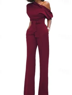 Women's Normal Jumpsuit Elegant Solid Color Half Sleeve One Shoulder Pocket High Waist Wedding Party Regular Fit Black White Yellow Fall