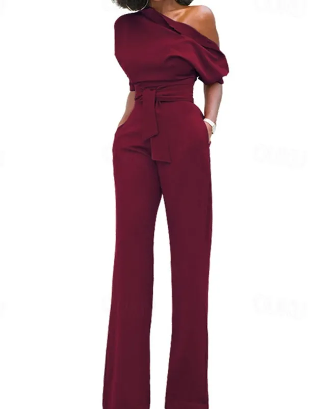 Women's Normal Jumpsuit Elegant Solid Color Half Sleeve One Shoulder Pocket High Waist Wedding Party Regular Fit Black White Yellow Fall
