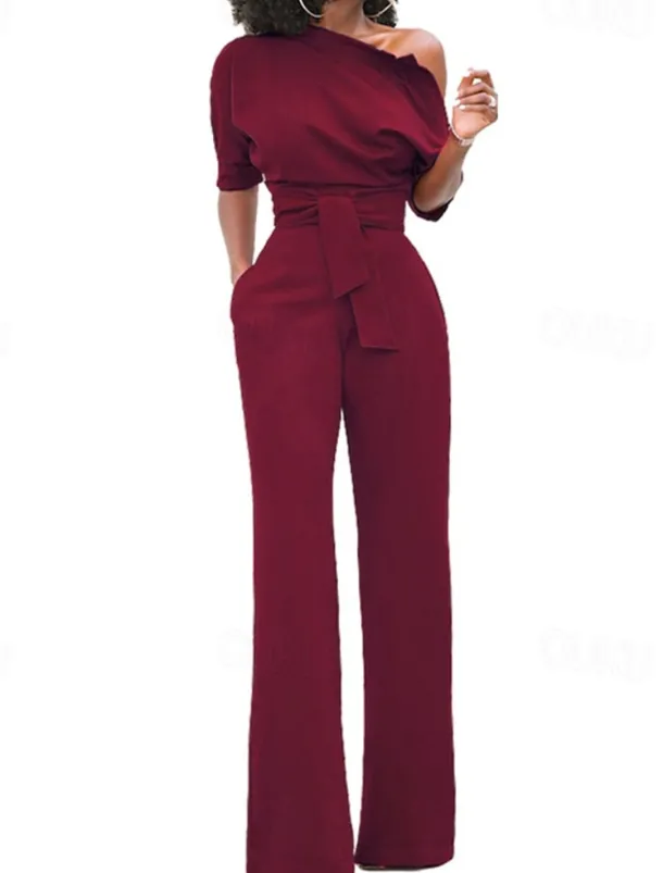 Women's Normal Jumpsuit Elegant Solid Color Half Sleeve One Shoulder Pocket High Waist Wedding Party Regular Fit Black White Yellow Fall