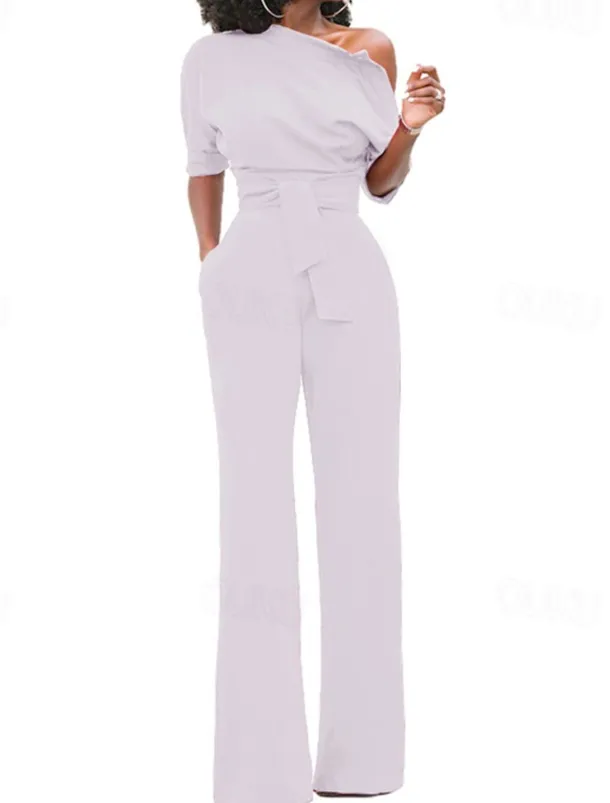 Women's Normal Jumpsuit Elegant Solid Color Half Sleeve One Shoulder Pocket High Waist Wedding Party Regular Fit Black White Yellow Fall