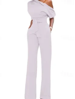 Women's Normal Jumpsuit Elegant Solid Color Half Sleeve One Shoulder Pocket High Waist Wedding Party Regular Fit Black White Yellow Fall