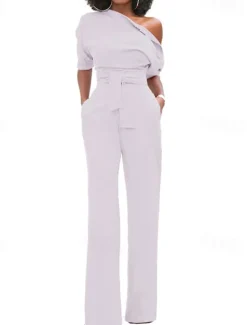 Women's Normal Jumpsuit Elegant Solid Color Half Sleeve One Shoulder Pocket High Waist Wedding Party Regular Fit Black White Yellow Fall