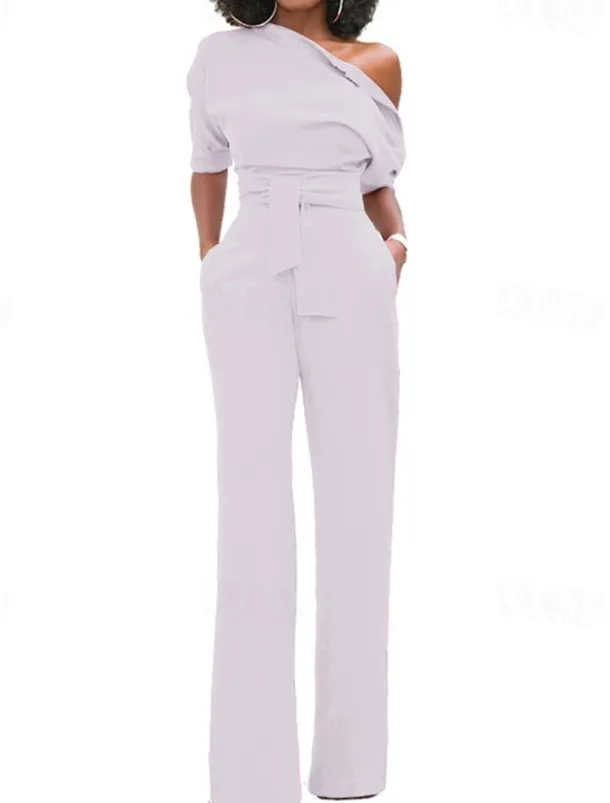 Women's Normal Jumpsuit Elegant Solid Color Half Sleeve One Shoulder Pocket High Waist Wedding Party Regular Fit Black White Yellow Fall