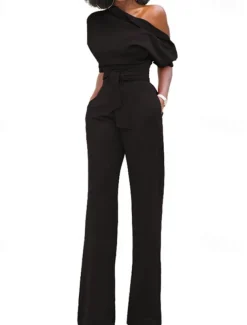 Women's Normal Jumpsuit Elegant Solid Color Half Sleeve One Shoulder Pocket High Waist Wedding Party Regular Fit Black White Yellow Fall