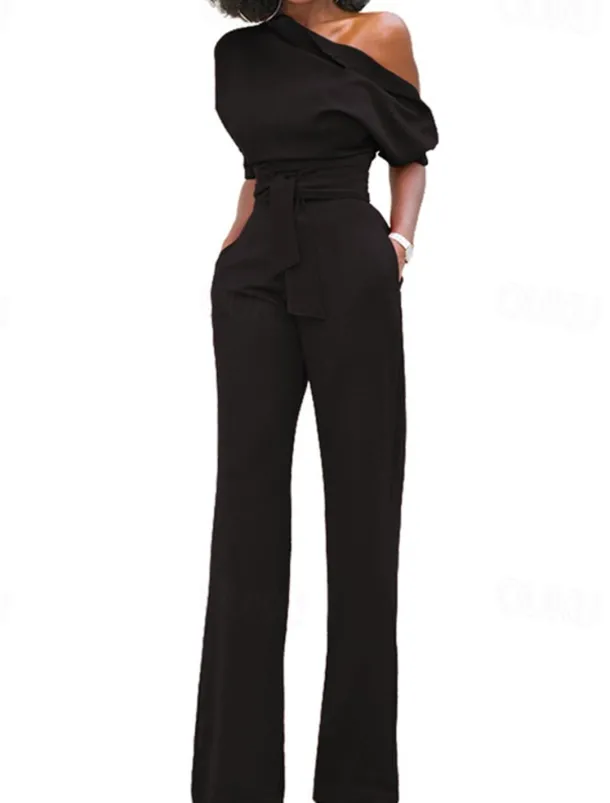 Women's Normal Jumpsuit Elegant Solid Color Half Sleeve One Shoulder Pocket High Waist Wedding Party Regular Fit Black White Yellow Fall