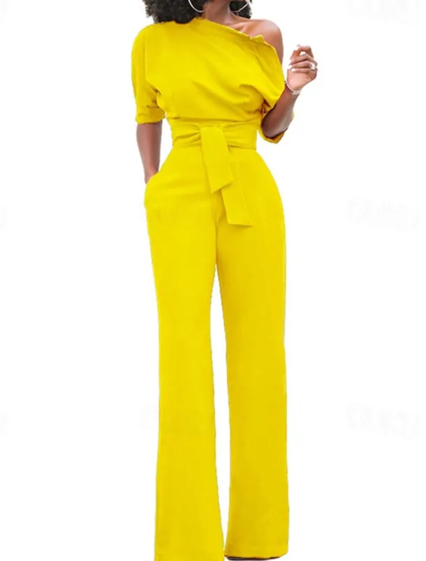 Women's Normal Jumpsuit Elegant Solid Color Half Sleeve One Shoulder Pocket High Waist Wedding Party Regular Fit Black White Yellow Fall
