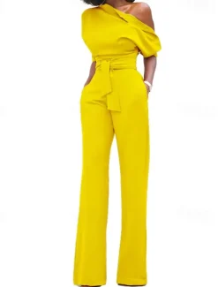 Women's Normal Jumpsuit Elegant Solid Color Half Sleeve One Shoulder Pocket High Waist Wedding Party Regular Fit Black White Yellow Fall