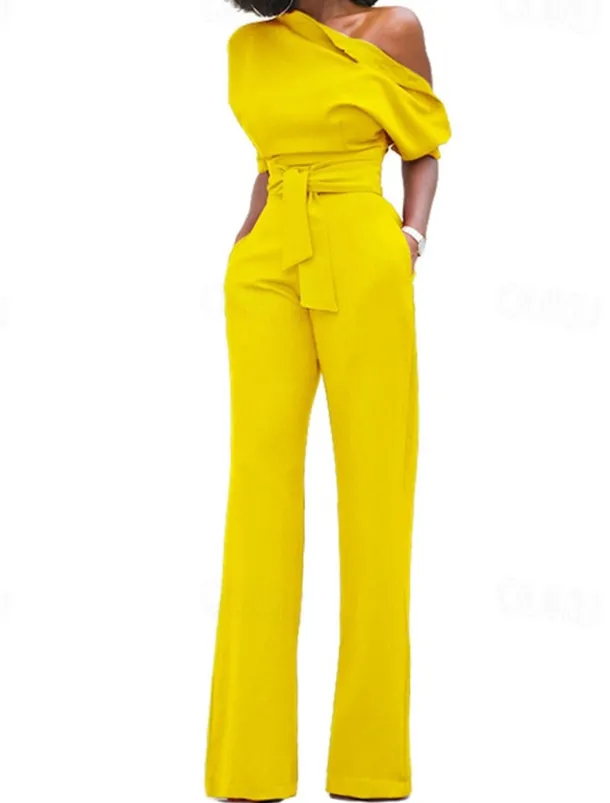 Women's Normal Jumpsuit Elegant Solid Color Half Sleeve One Shoulder Pocket High Waist Wedding Party Regular Fit Black White Yellow Fall