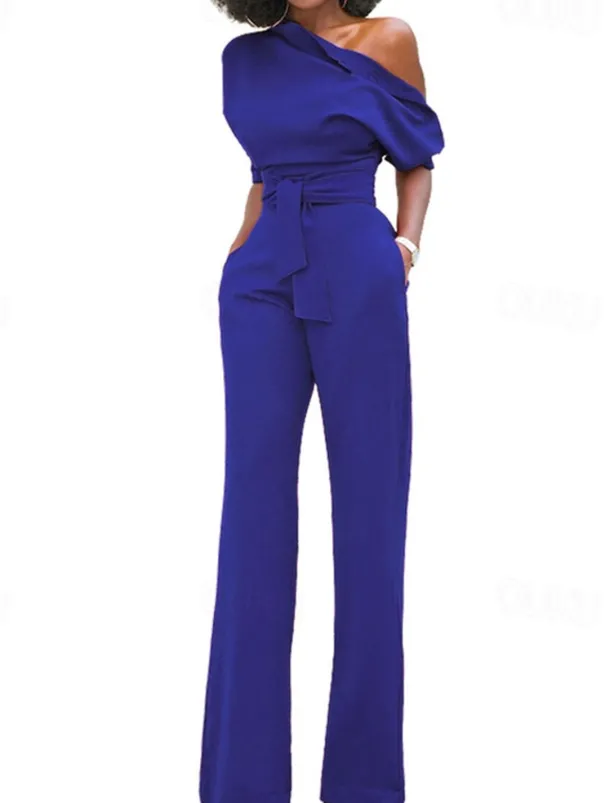 Women's Normal Jumpsuit Elegant Solid Color Half Sleeve One Shoulder Pocket High Waist Wedding Party Regular Fit Black White Yellow Fall