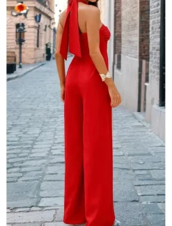 Women's Normal Jumpsuit Elegant Solid Color Sleeveless Halter Neck Backless Party Regular Fit Black White Red Summer