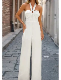 Women's Normal Jumpsuit Elegant Solid Color Sleeveless Halter Neck Backless Party Regular Fit Black White Red Summer