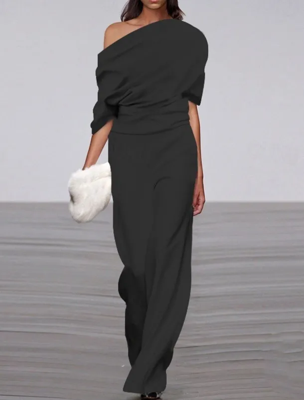 Women's Normal Jumpsuit Formal Solid Color Half Sleeve Raglan Sleeves Straight Party Office Regular Fit Black White Fall