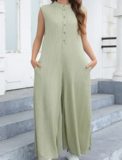 Women's Normal Jumpsuit Streetwear Solid Color Sleeveless V Neck Buttons Street Going out Regular Fit Black White Light Green Summer