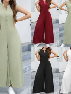Women's Normal Jumpsuit Streetwear Solid Color Sleeveless V Neck Buttons Street Going out Regular Fit Black White Light Green Summer