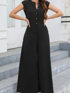 Women's Normal Jumpsuit Streetwear Solid Color Sleeveless V Neck Buttons Street Going out Regular Fit Black White Light Green Summer