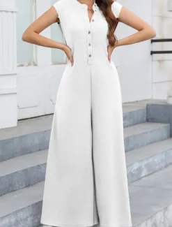 Women's Normal Jumpsuit Streetwear Solid Color Sleeveless V Neck Buttons Street Going out Regular Fit Black White Light Green Summer