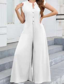 Women's Normal Jumpsuit Streetwear Solid Color Sleeveless V Neck Buttons Street Going out Regular Fit Black White Light Green Summer