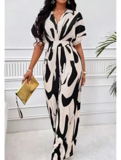 Women's Normal Jumpsuit Streetwear Geometric Half Sleeve Batwing Sleeve V Neck Print Street Daily Loose Fit Brown Green Apricot Summer