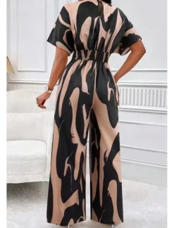 Women's Normal Jumpsuit Streetwear Geometric Half Sleeve Batwing Sleeve V Neck Print Street Daily Loose Fit Brown Green Apricot Summer