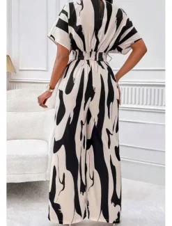 Women's Normal Jumpsuit Streetwear Geometric Half Sleeve Batwing Sleeve V Neck Print Street Daily Loose Fit Brown Green Apricot Summer