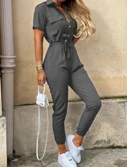 Women's Normal Jumpsuit Streetwear Solid Color Short Sleeve Shirt Collar Pocket Drawstring Street Daily Regular Fit Black White Wine Summer