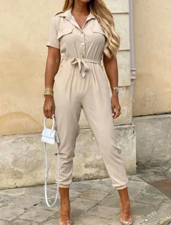 Women's Normal Jumpsuit Streetwear Solid Color Short Sleeve Shirt Collar Pocket Drawstring Street Daily Regular Fit Black White Wine Summer